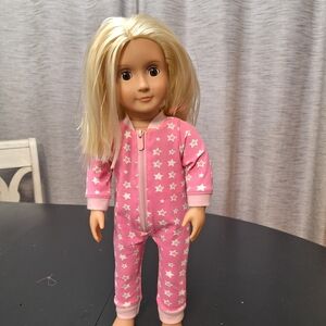 Our Generation 18inch Doll Wearing A Pink Star Pajama Onsie